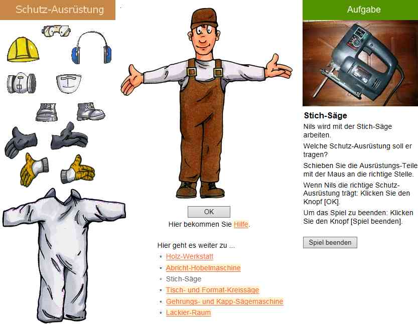 Lernspiel: Figur Nils benötigt die richtige persönliche Schutzausrüstung für die Holzwerkstatt