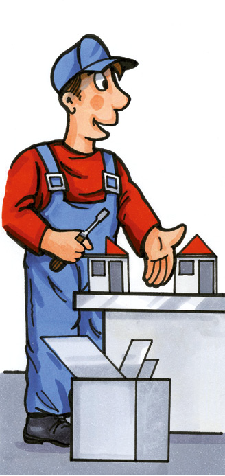 Figur Nils mit Schraubendreher montiert kleine Häuschen, daneben ein Karton