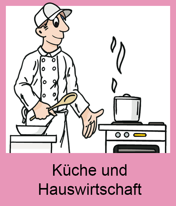 Figur Nils in Kochbekleidung mit Kochlöffel vor dem Küchenherd