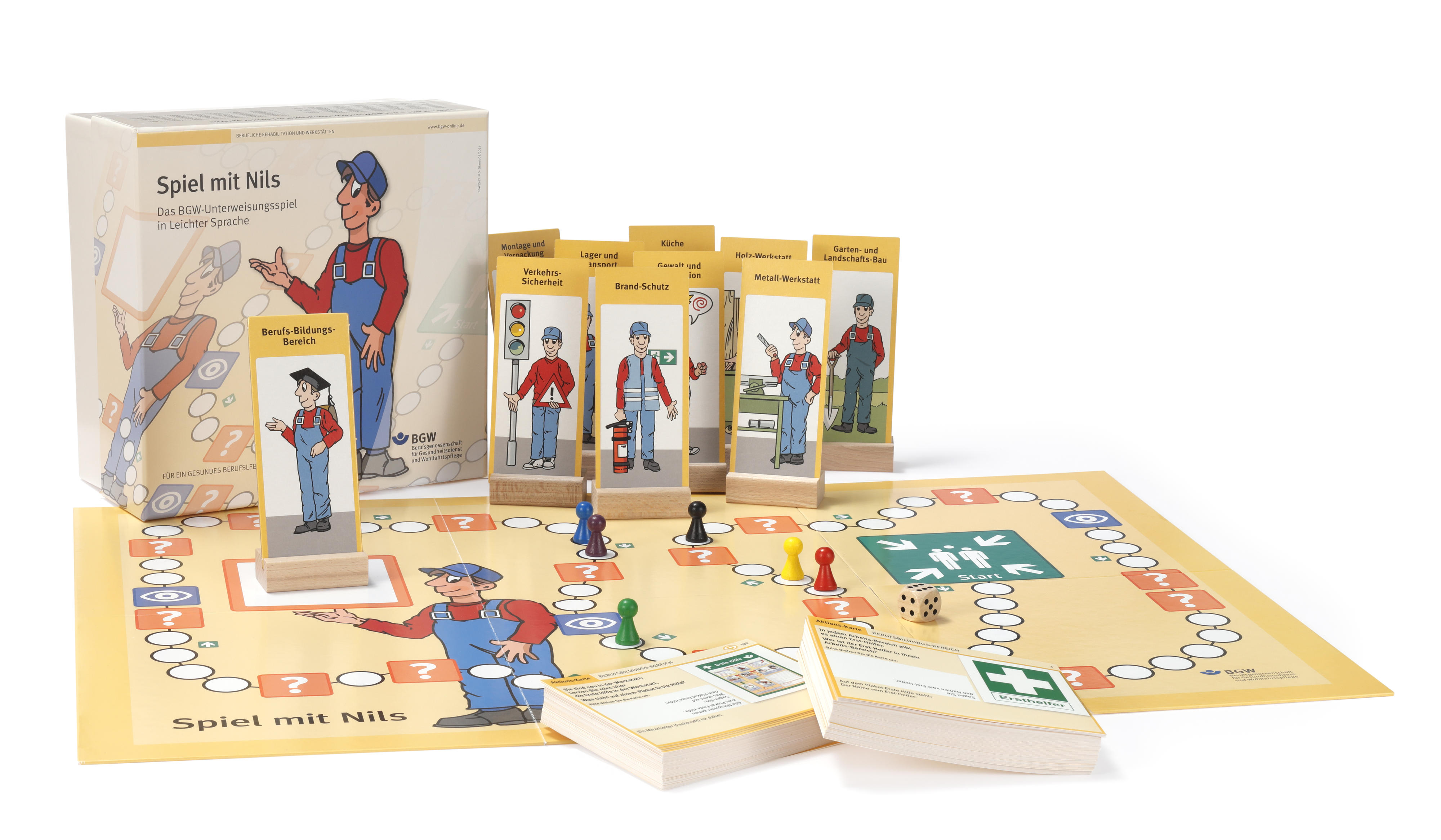 Brettspiel mit Nils-Figuren und Aktionskarten in Leichter Sprache