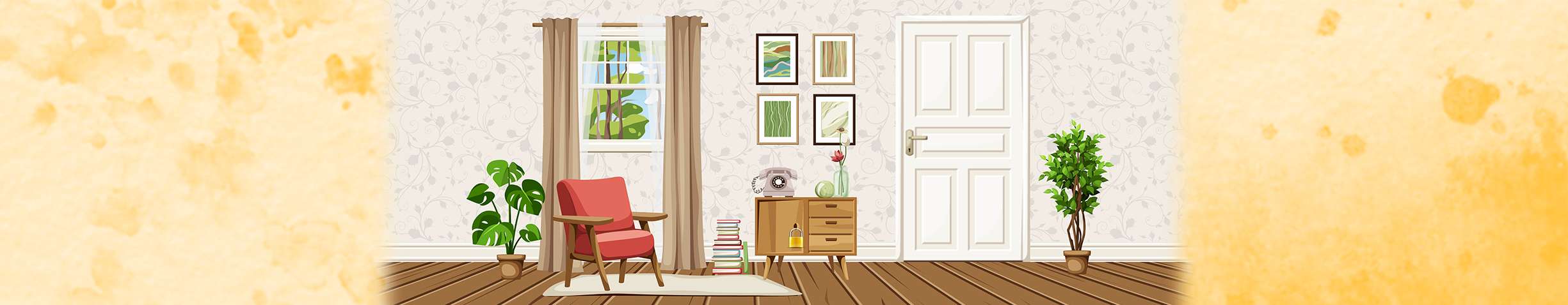 Titelbild Escape Spiel zeigt gezeichnete Ansicht eines Raums mit Sessel und Schränckchen, Telefon und Tür