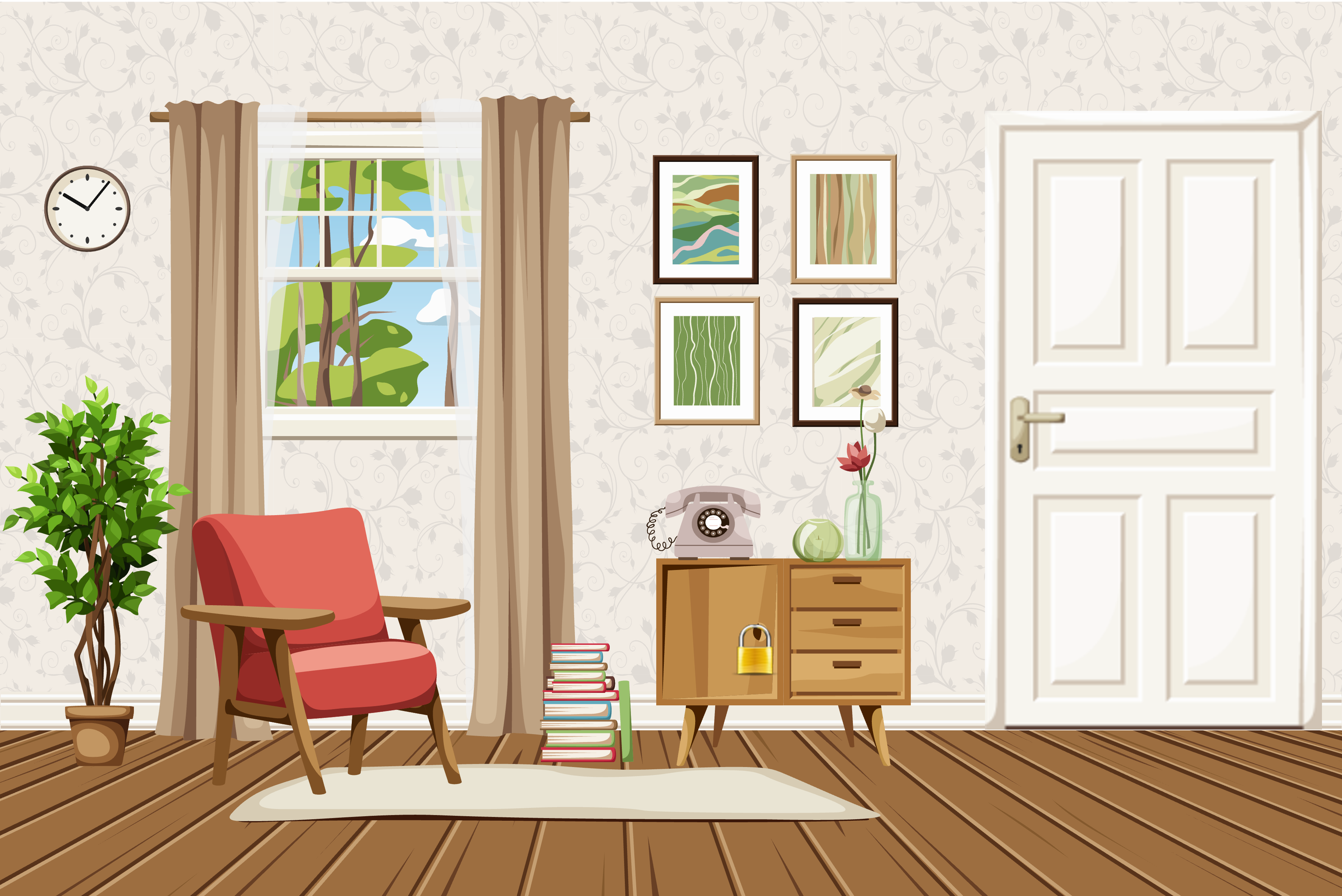 Titelbild Escape Spiel zeigt gezeichnete Ansicht eines Raums mit Sessel und Schränckchen, Telefon und Tür