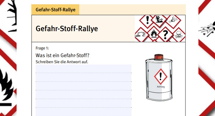 Im Vordergrund ist der Arbeitsbogen der Gefahr-Stoff-Rallye zu sehen und im Hintergrund sind Gefahrenpiktogramme abgebildet.
