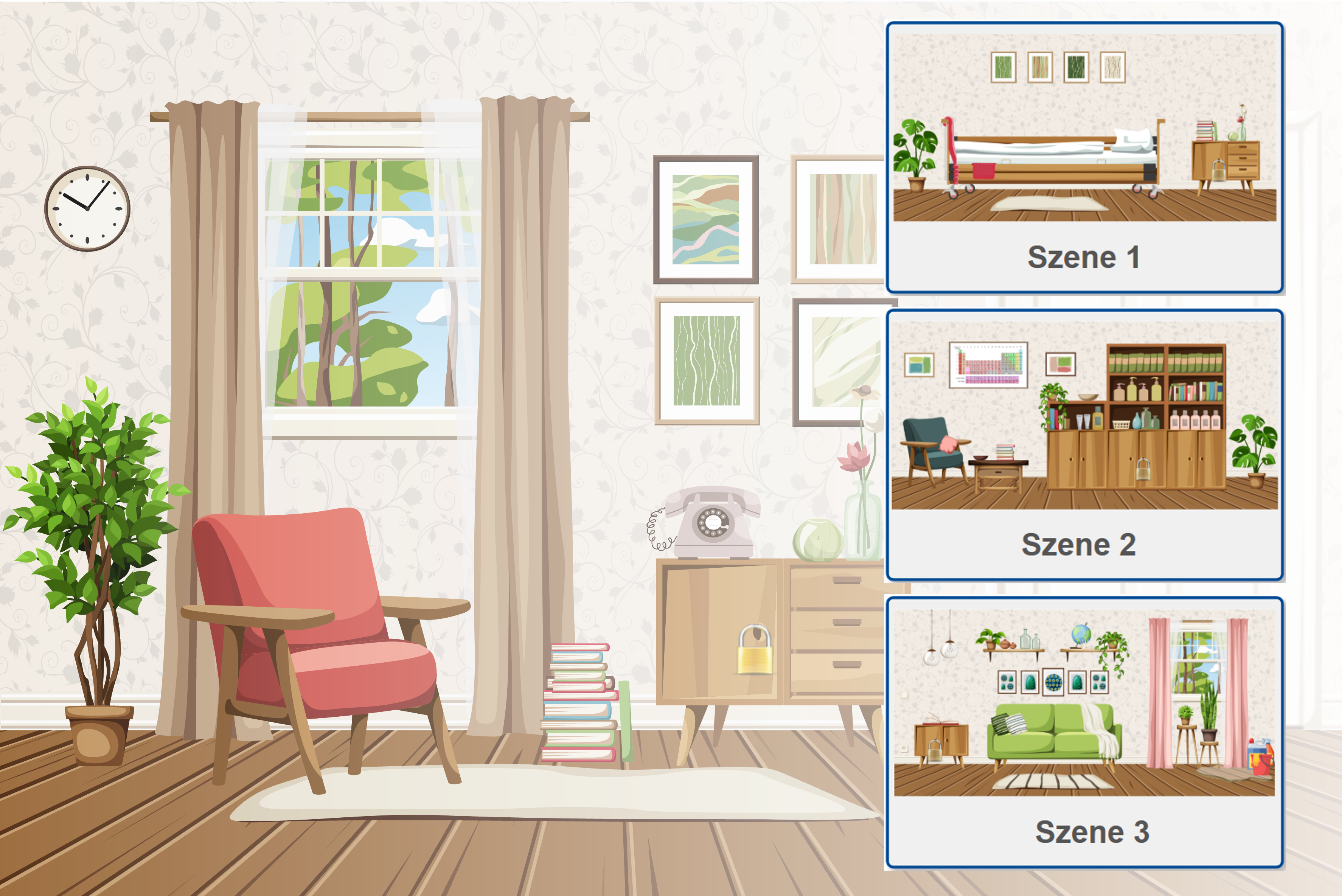 Titelbild Escape Spiel zeigt gezeichnete Ansicht eines Raums sowie drei Ausschnitte aus Spielszenen