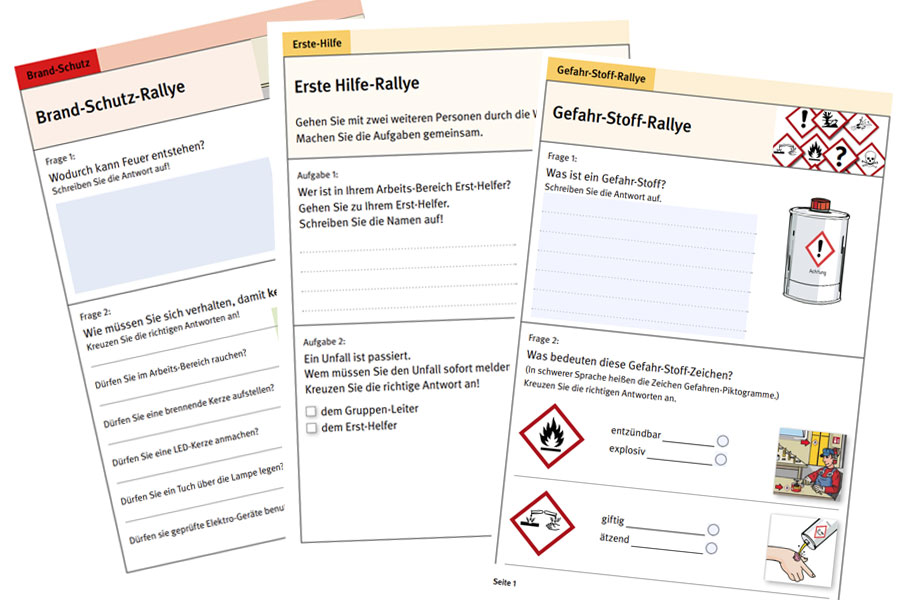 Die erste Seite der Abeitsbögen von den Rallyes Brandschutz, Erste Hilfe und Gefahrstoffe sind zu sehen.