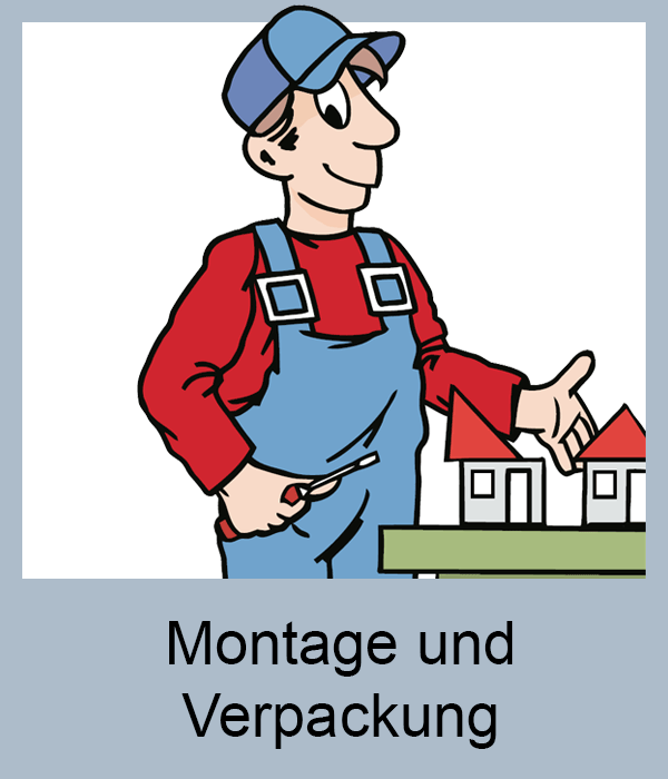 Figur Nils mit Schraubenzieher montiert kleine Häuschen