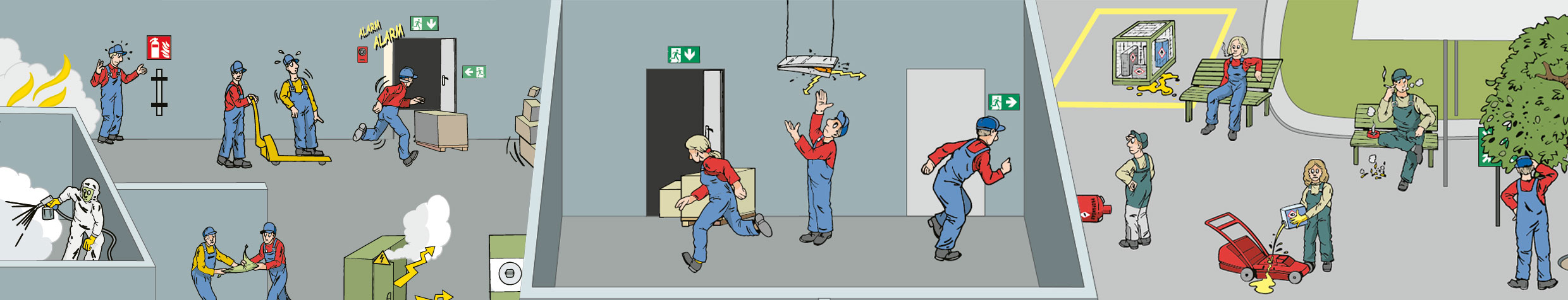 Ausschitte der Wimmelbilder. Es sind verschiedene Gefährdungen zu sehen.